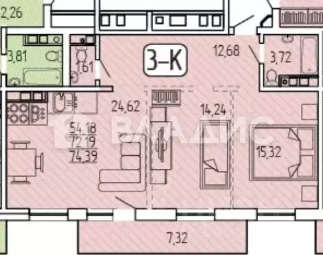 3-к кв. Бурятия, Улан-Удэ 140Б мкр, 1 (74.39 м) - Фото 2