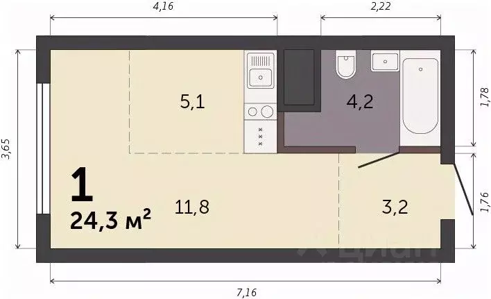 Студия Свердловская область, Екатеринбург Южный жилрайон,  (24.3 м) - Фото 1