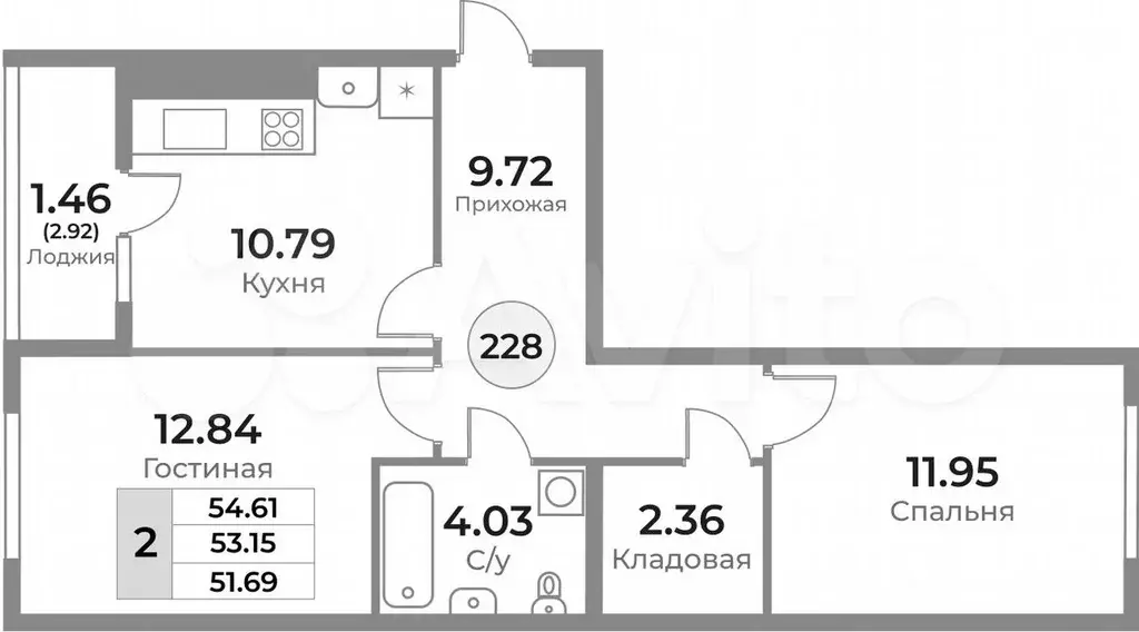 2-к. квартира, 54,6 м, 2/10 эт. - Фото 1