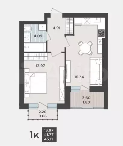 1-к. квартира, 41,7 м, 9/9 эт. - Фото 1
