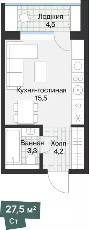 Студия Тюменская область, Тюмень ул. Игоря Комиссарова, 8 (25.24 м) - Фото 0