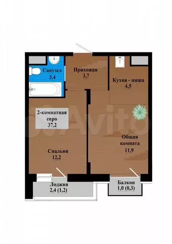 2-к. квартира, 37,2 м, 8/12 эт. - Фото 0