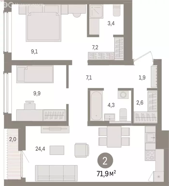 2-комнатная квартира: Новосибирск, улица Аэропорт (71.92 м) - Фото 1