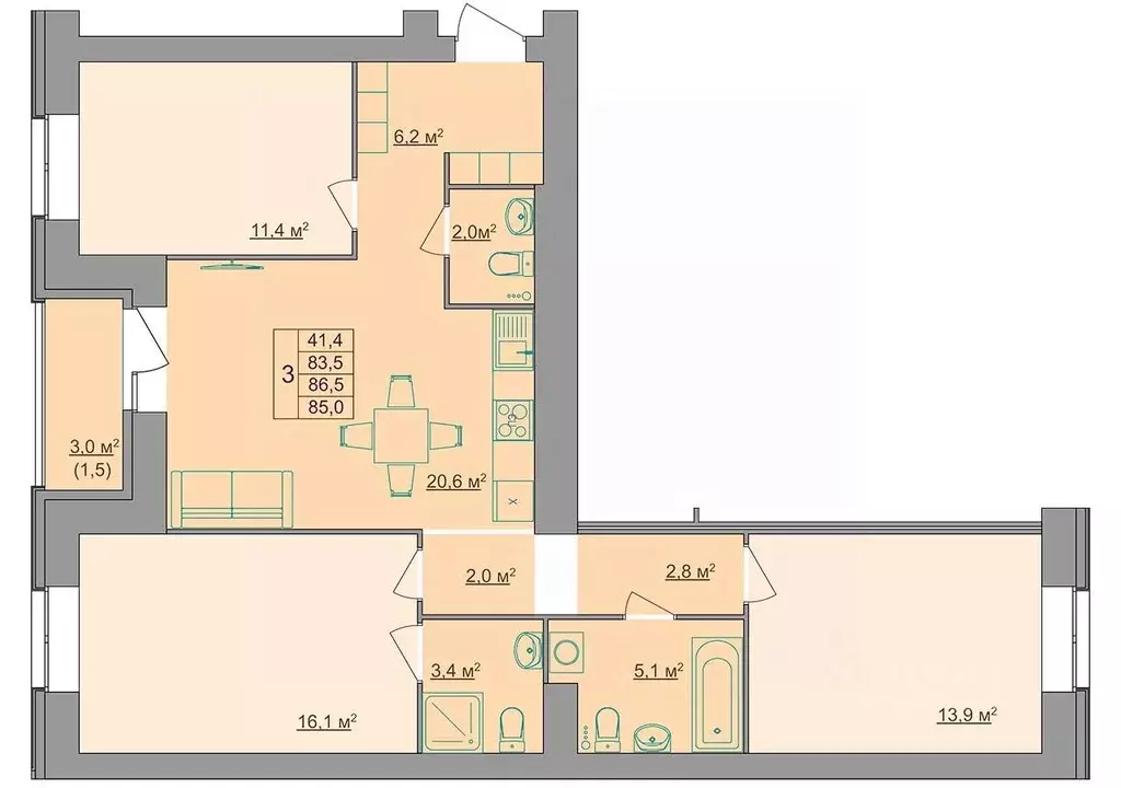 3-к кв. Костромская область, Кострома Магистральная ул., 49А (85.0 м) - Фото 0