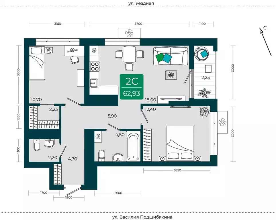 2-комнатная квартира: Тюмень, улица Василия Подшибякина, 9 (63.03 м) - Фото 1
