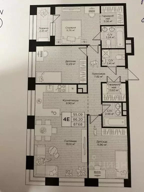 4-к кв. Татарстан, Казань ул. Алексея Козина, 8 (85.9 м) - Фото 2