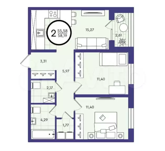 2-к. квартира, 58,2 м, 4/4 эт. - Фото 1