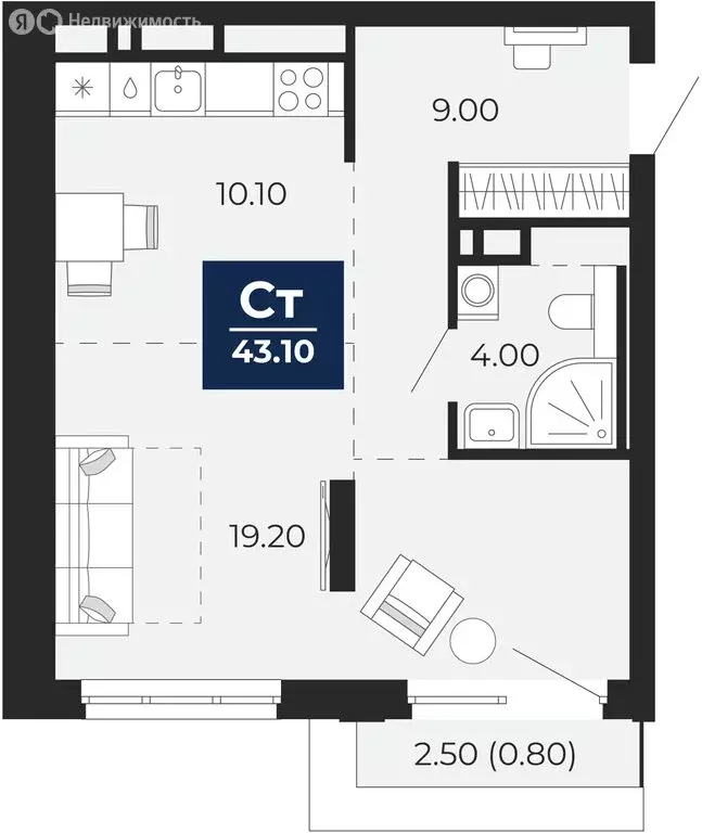 1-комнатная квартира: Тюмень, улица Пожарных и Спасателей, 2к1 (43.1 ... - Фото 1