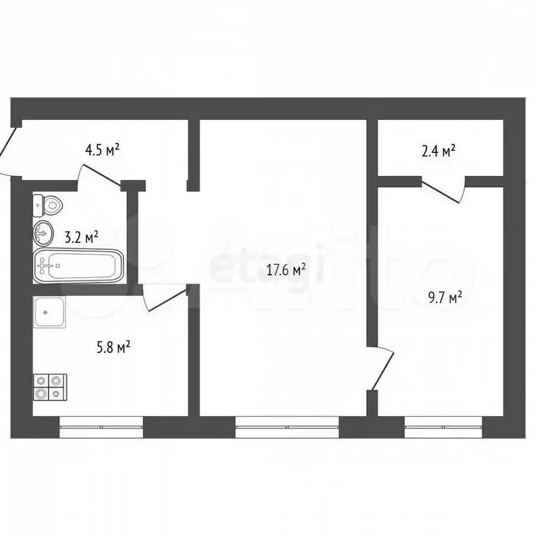 2-к. квартира, 44 м, 4/4 эт. - Фото 1