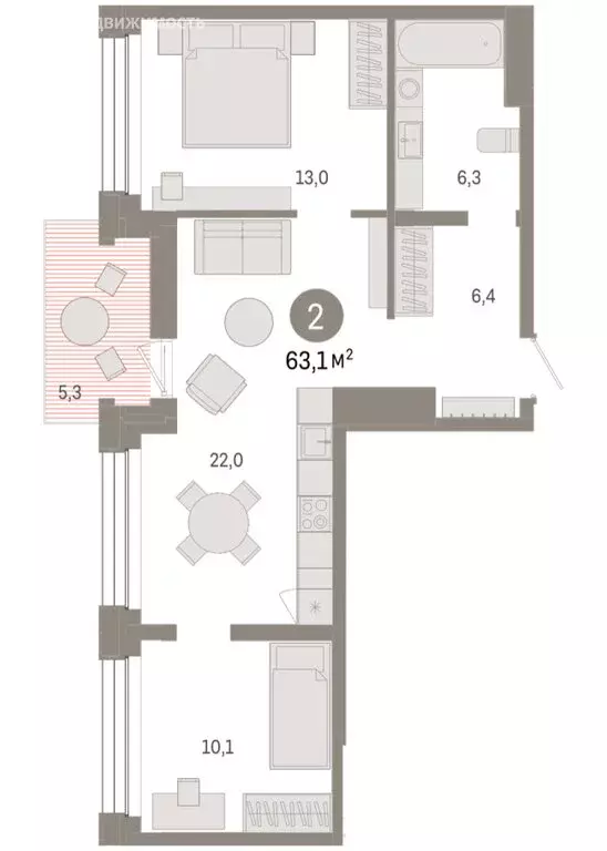 2-комнатная квартира: Тюмень, улица Муравленко, 9/2 (63.08 м) - Фото 1