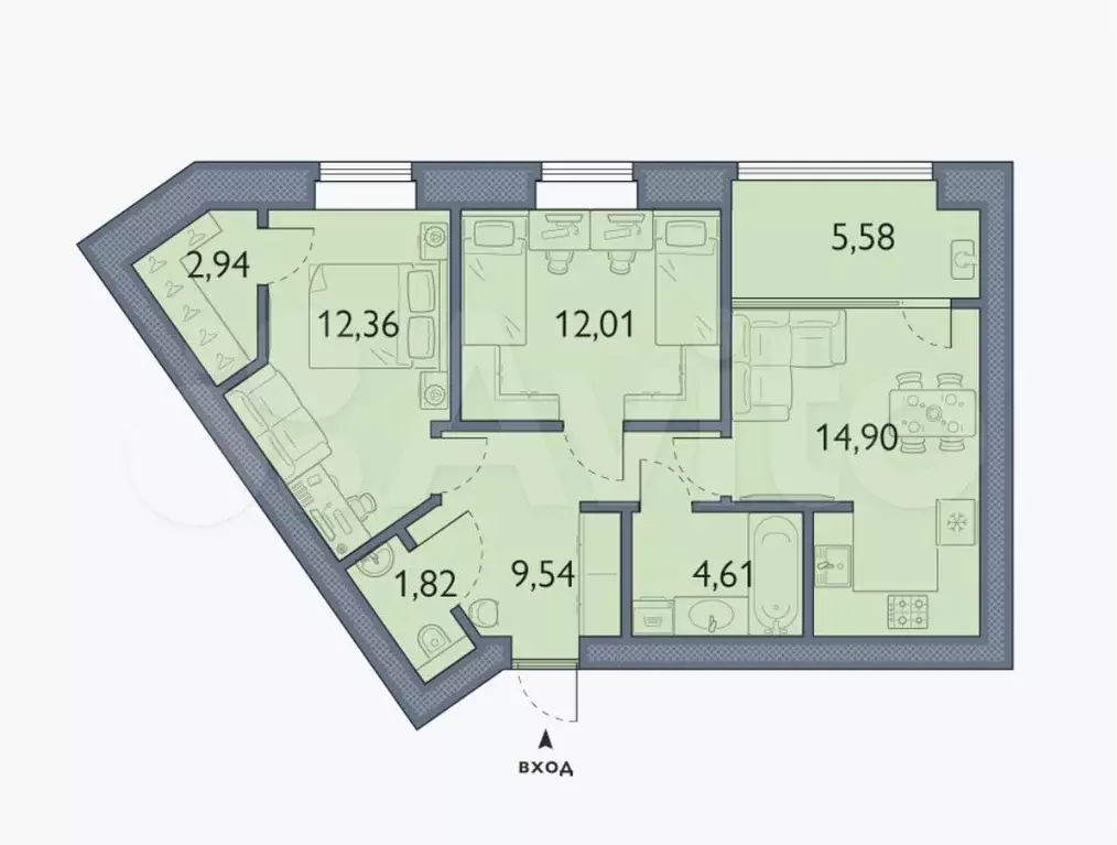 2-к. квартира, 63,8 м, 5/6 эт. - Фото 1