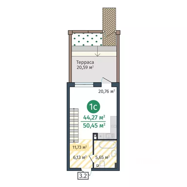Студия Тюменская область, Тюмень ул. Краснооктябрьская, 12 (44.27 м) - Фото 1