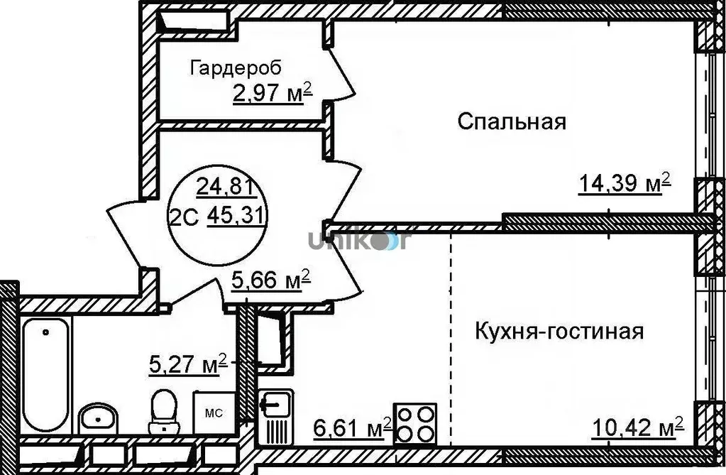 2-к кв. Башкортостан, Уфа Алмалык жилрайон,  (45.3 м) - Фото 0