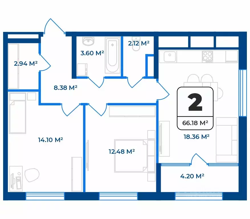 2-к кв. Рязанская область, Рязань Телецентр жилрайон,  (66.18 м) - Фото 1