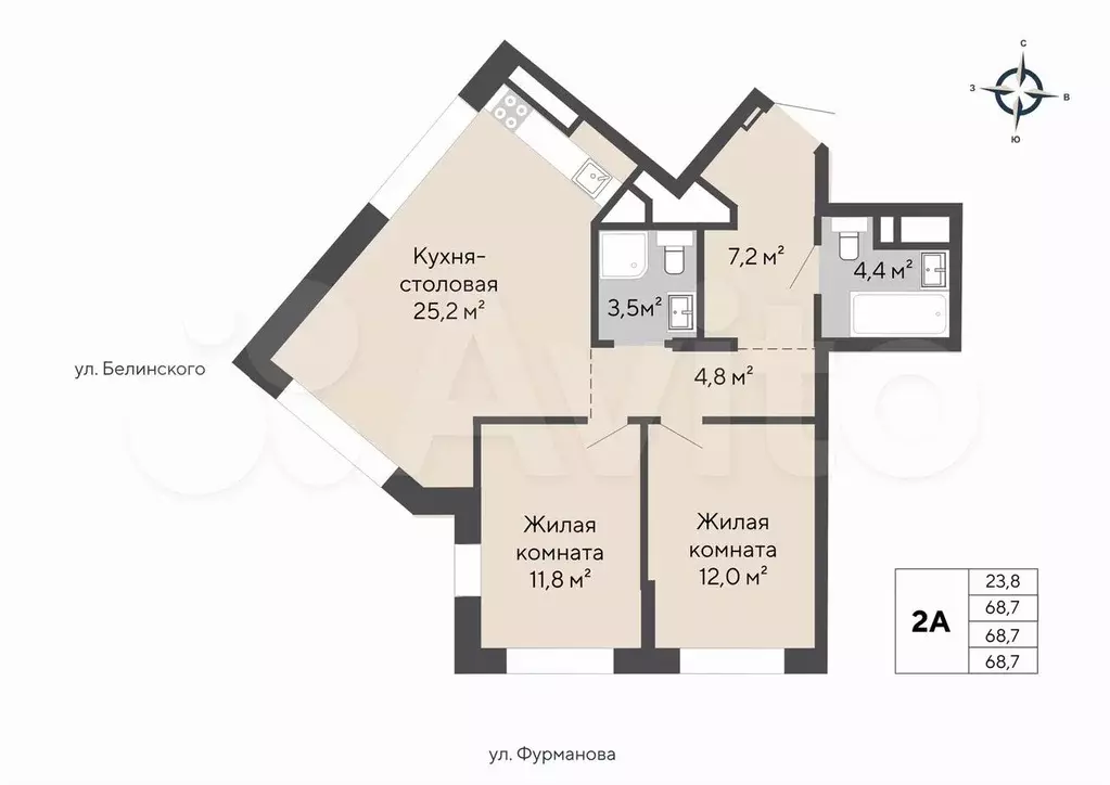 2-к. квартира, 68,7 м, 20/28 эт. - Фото 1