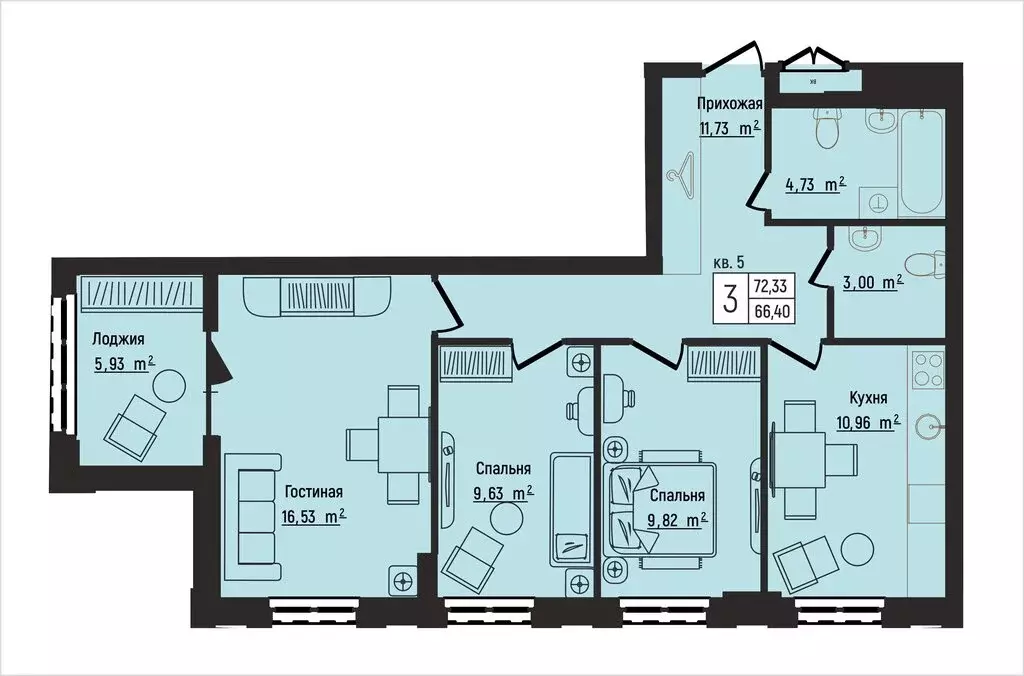 3-комнатная квартира: Нижний Новгород, Литературная улица, 5 (72.33 м) - Фото 1
