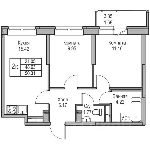 2-к кв. Санкт-Петербург ул. Ивинская, 1к3 (48.63 м) - Фото 1