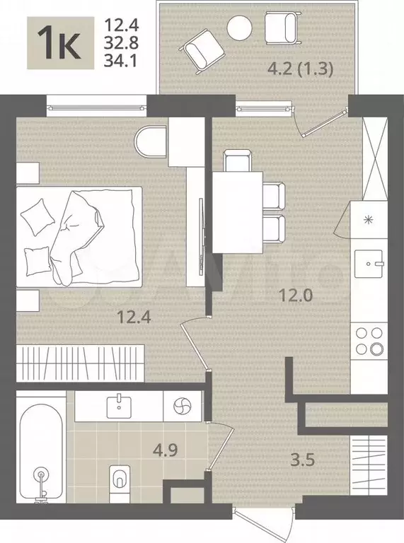1-к. квартира, 34,1 м, 4/7 эт. - Фото 1