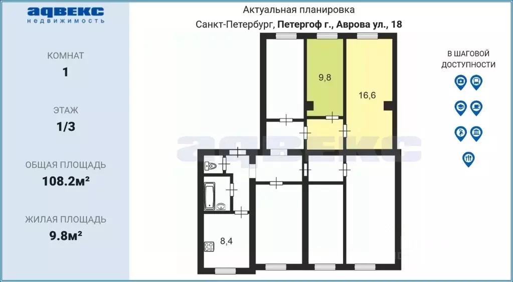 Комната Санкт-Петербург, Санкт-Петербург, Петергоф ул. Аврова, 18 (9.8 ... - Фото 2