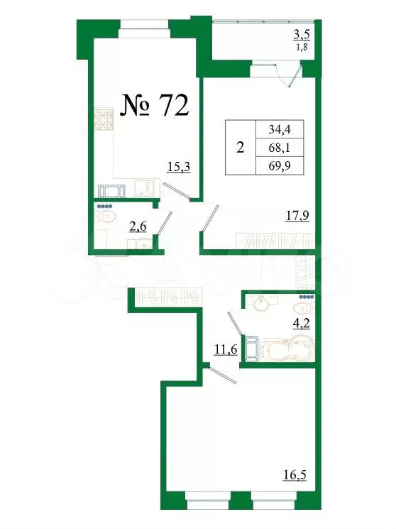 2-к. квартира, 69,9м, 1/8эт. - Фото 0