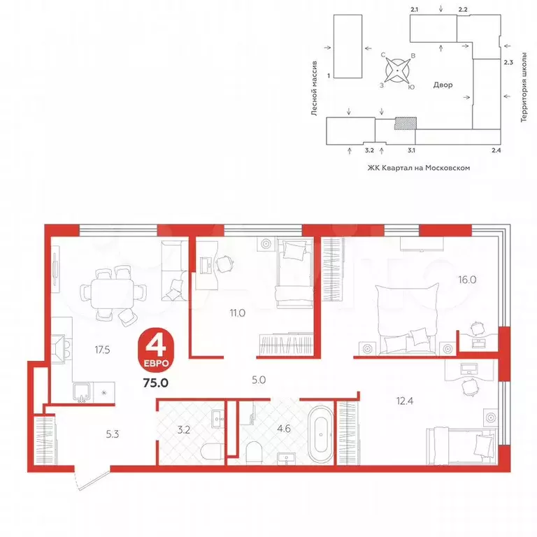 4-к. квартира, 75 м, 3/15 эт. - Фото 0