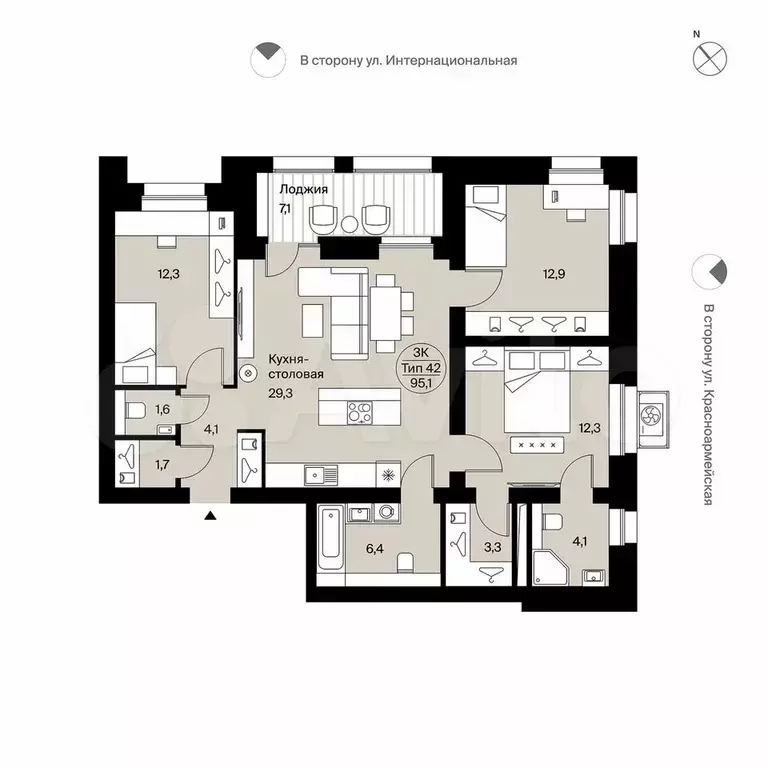 3-к. квартира, 95,1 м, 3/9 эт. - Фото 0