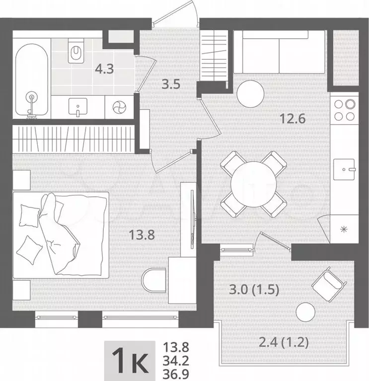 1-к. квартира, 36,9м, 3/7эт. - Фото 1