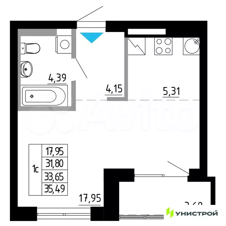 Квартира-студия, 33,7 м, 9/27 эт. - Фото 0