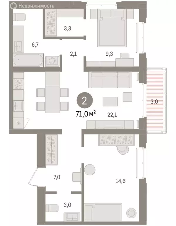 2-комнатная квартира: Тюмень, жилой комплекс На Минской (71.02 м) - Фото 1