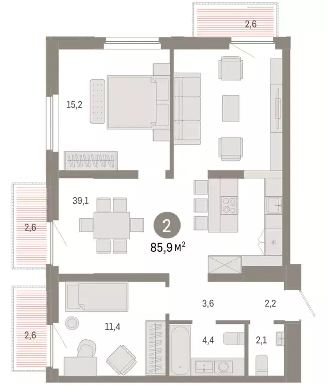 2-комнатная квартира: Тюмень, Мысовская улица, 26к2 (85.89 м) - Фото 1