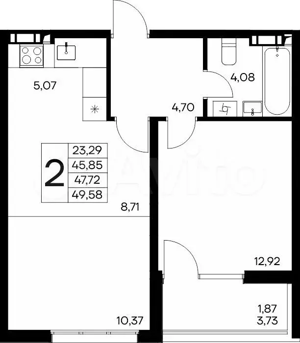 2-к. квартира, 49,6 м, 6/8 эт. - Фото 0