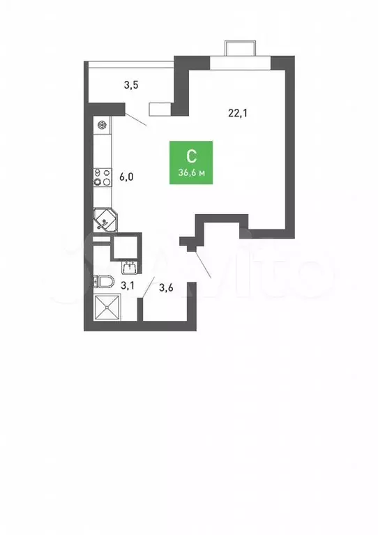Квартира-студия, 36,6 м, 11/15 эт. - Фото 0