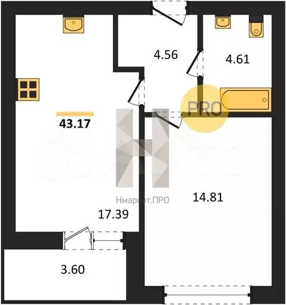 1-к. квартира, 43,2 м, 5/9 эт. - Фото 1