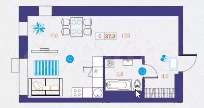 Квартира-студия, 37,3 м, 2/21 эт. - Фото 1
