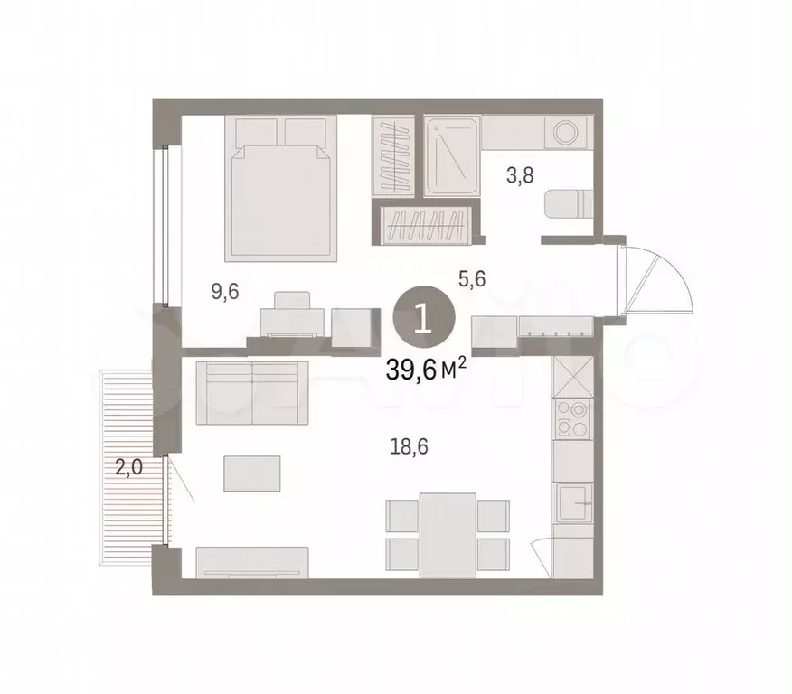 1-к. квартира, 39,6 м, 2/9 эт. - Фото 0