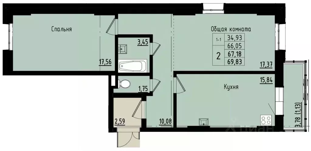 2-к кв. Саха (Якутия), Покровск ул. Орджоникидзе, 68 (67.18 м) - Фото 1