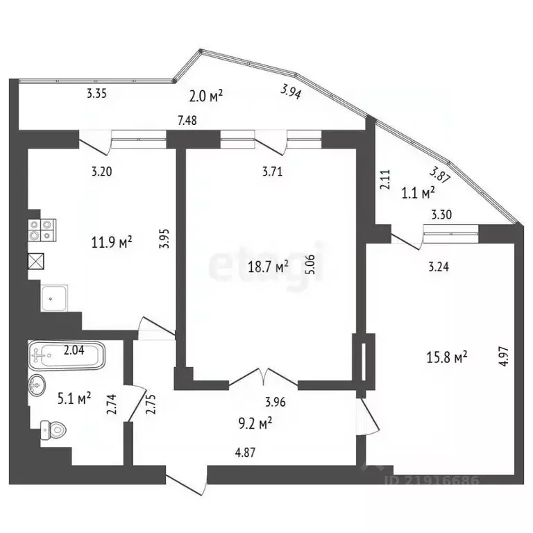 2-к кв. Калининградская область, Калининград ул. Юрия Гагарина, 2Ак4 ... - Фото 2