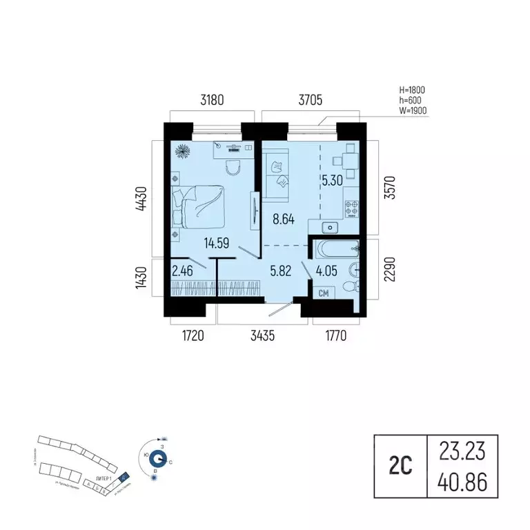 2-к кв. Башкортостан, Уфа Глумилино-1 мкр, Новатор жилой комплекс ... - Фото 1