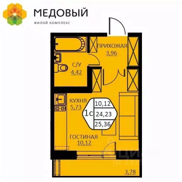 1-к кв. Пермский край, д. Кондратово ул. Н.М. Яблокова, 6 (25.36 м) - Фото 0