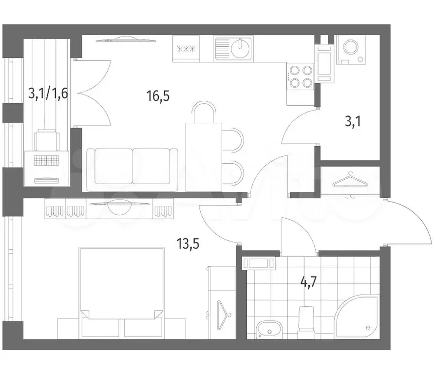 1-к. квартира, 43,4 м, 3/8 эт. - Фото 1