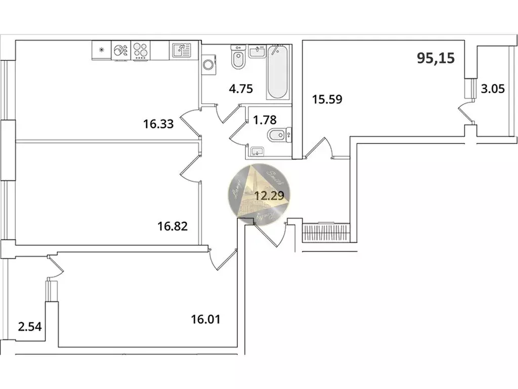 3-комнатная квартира: Санкт-Петербург, Кубинская улица, 82к3с1 (95.15 ... - Фото 1