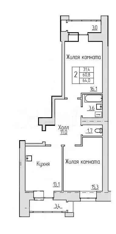2-к. квартира, 60,6 м, 5/11 эт. - Фото 0