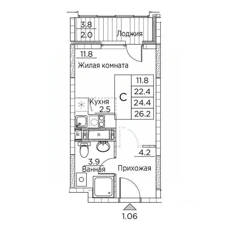 1-к кв. Приморский край, Владивосток ул. Расула Гамзатова, 7к3 (26.2 ... - Фото 1