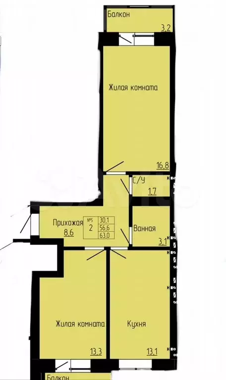 2-к. квартира, 63 м, 3/4 эт. - Фото 0