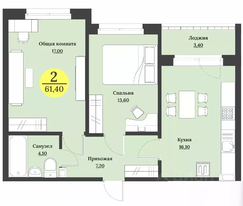 2-к кв. Ставропольский край, Ставрополь Лесная ул., 204 (61.4 м) - Фото 1