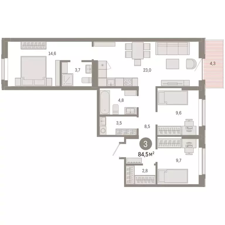 3-комнатная квартира: Омск, Кировский округ (84.52 м) - Фото 1