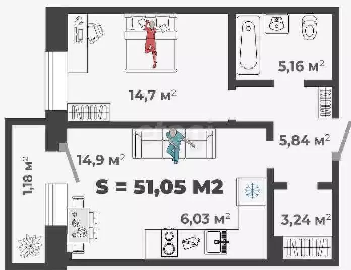 1-к квартира, 51.05 м - Фото 0