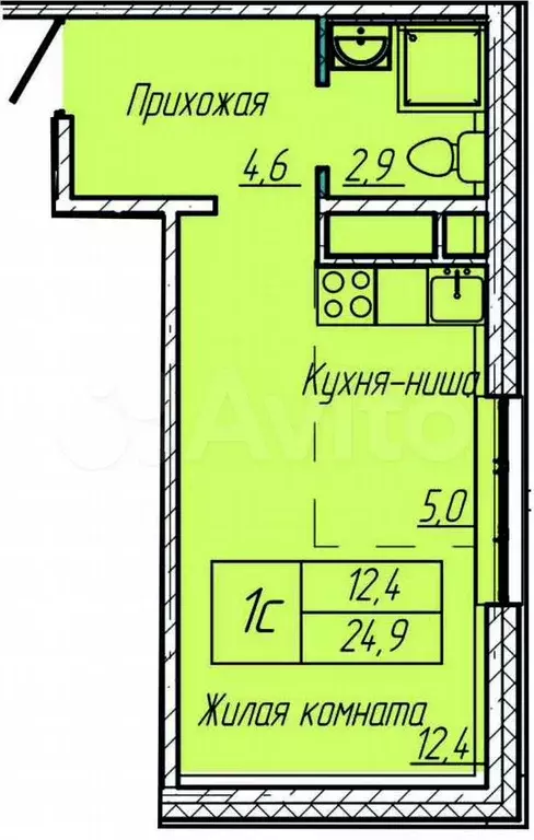 1-к. квартира, 24,9 м, 6/11 эт. - Фото 0