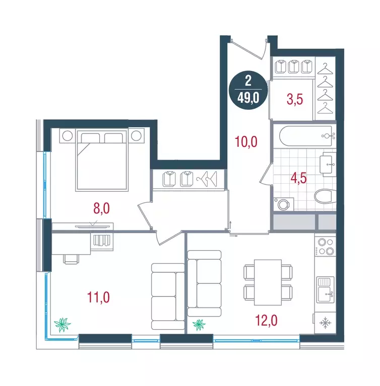 2-к квартира, 49 м - Фото 0