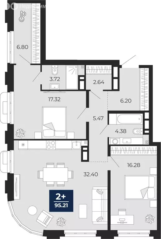 2-комнатная квартира: Тюмень, ЖК Айвазовский Сити (95.21 м) - Фото 1